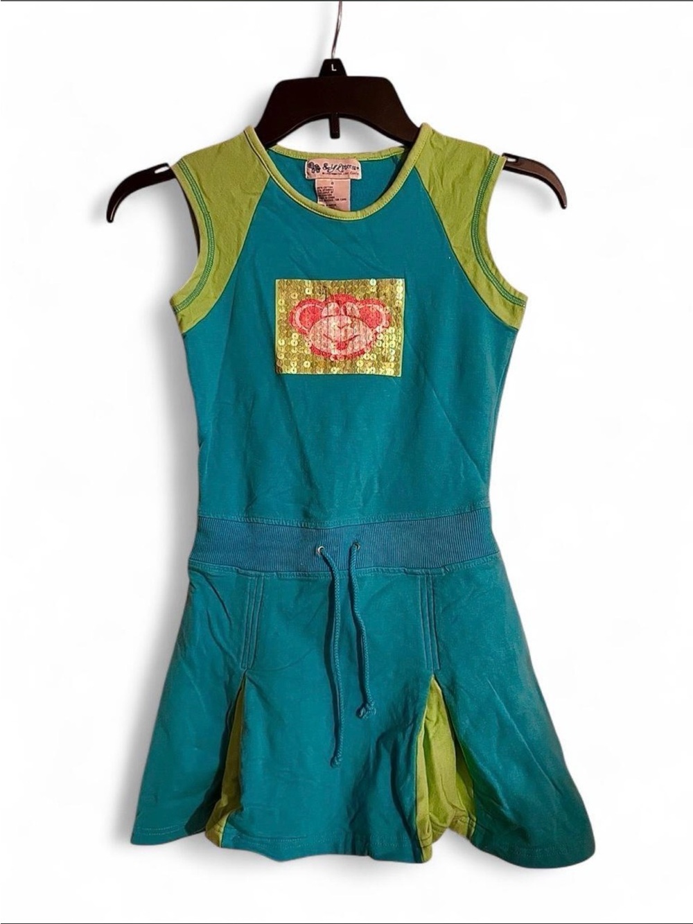 Y2K Kids Teal & Lime Sleeveless Dress with Sequin Monkey Patch